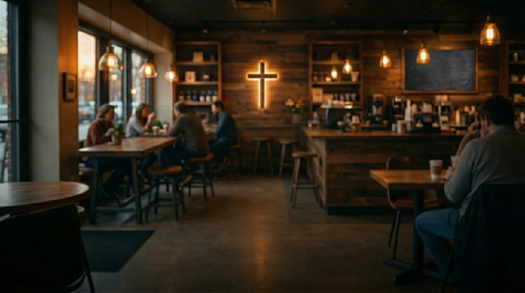 Warm coffeehouse interior with a glowing cross.