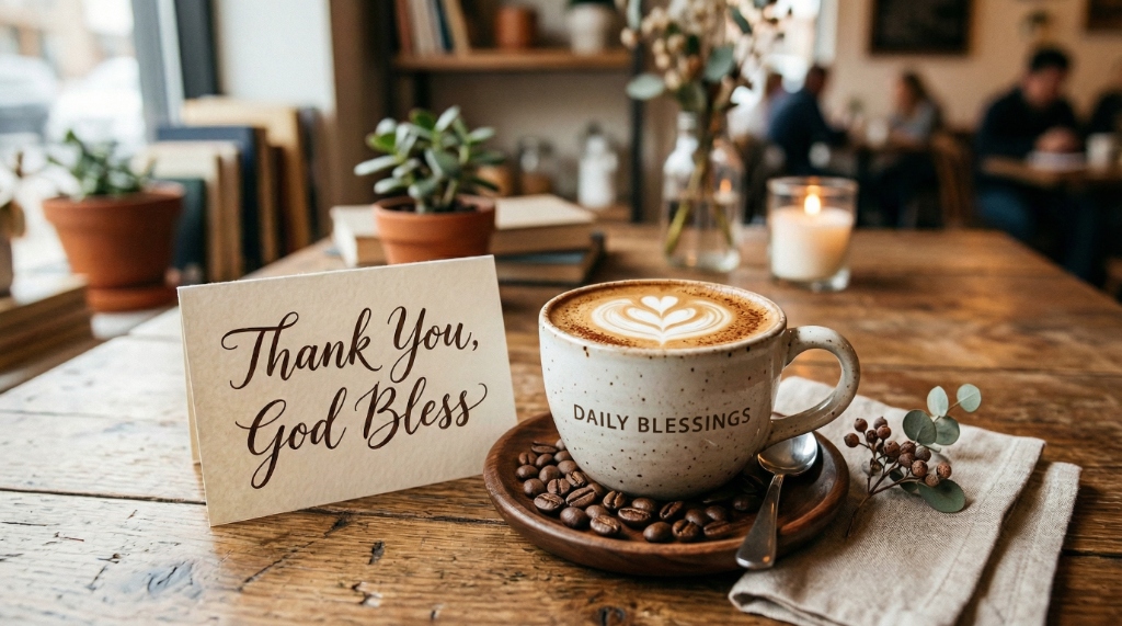 Warm coffee with a Thank You God Bless card